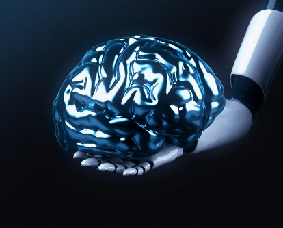 Digital brain being held by a robot.