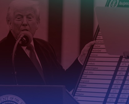 Donald Trump holding a chart with &quot;Reciprocal Tariffs&quot;.