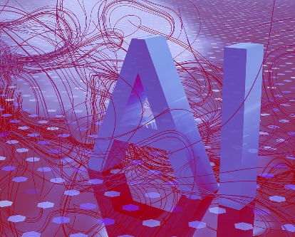 Duotone image of the letters AI in a tech setting.