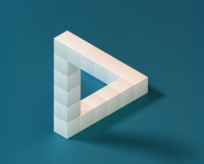 A triangle made from white cubes on a teal stage.