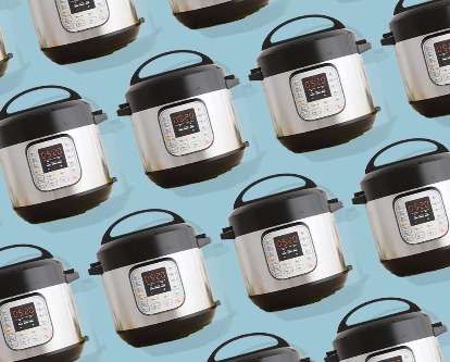 Color image of a pattern created by Instant Pots against a blue background.