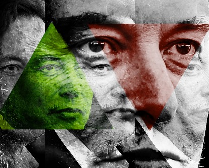 Elon Musk with green upward and red downward arrows.