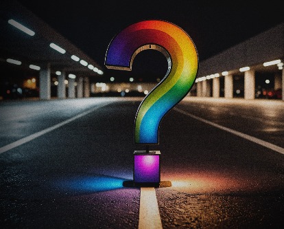 A question mark with a rainbow texture in a parking lot at night.