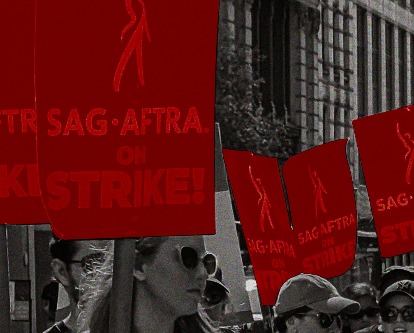 Black and white photograph of actors on strike with their signs highlighted in red.