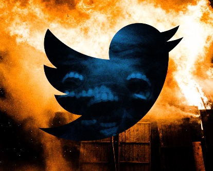 Color graphic of Twitter bird over a dumpster fire.