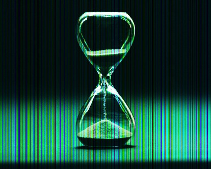 Color image of an hourglass with digital texture overlay.