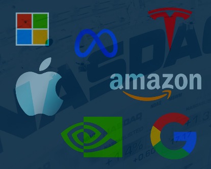 Color image of the Microsoft, Apple, Meta, Tesla, Amazon, Nvidia, and Google logos.