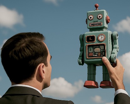 A business man holding up a retro robot.