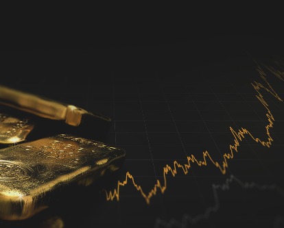 3D illustration of gold ingots over black background with a chart.
