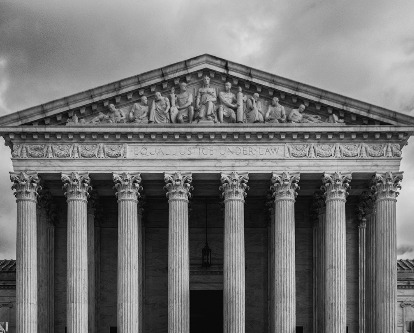 Black and white photograph of The Supreme Court building.