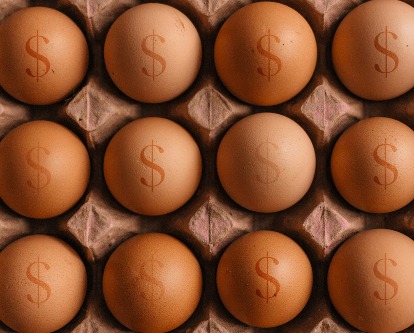 Carton of brown eggs each with a dollar sign superimposed on them.