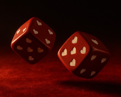 Two red dice with hearts in place of pips.