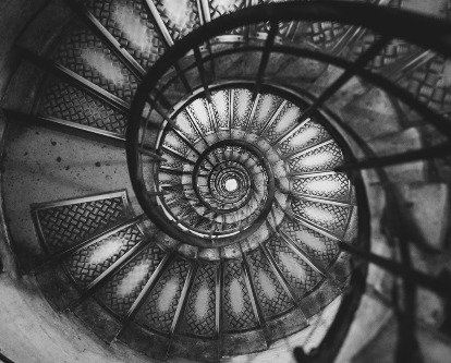 Looking down a spiral staircase.