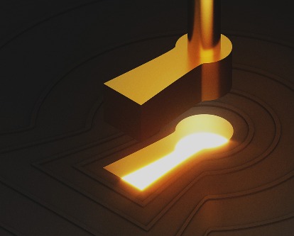 An abstract key being placed into a glowing keyhole.