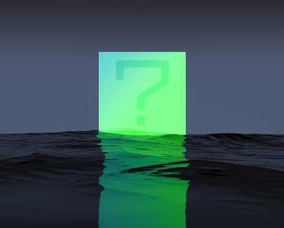 A green portal with a &quot;?&quot; at the edge of a horizon.