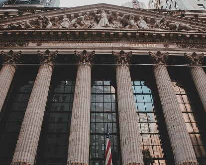 Looking up at the New York Stock Exchange building.