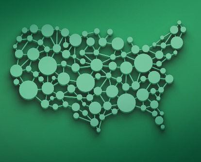 USA Map with dots and line connected forming a grid network white color in green background.