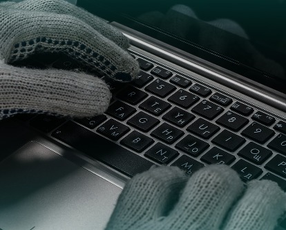 Mittens typing on a laptop keyboard.