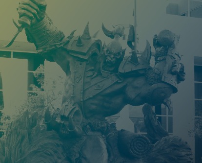 Duotone photograph of the statue outside of Blizzard Entertainment offices in California.