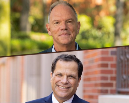 Color photography of the archway of Fertitta Hall on the campus of USC.