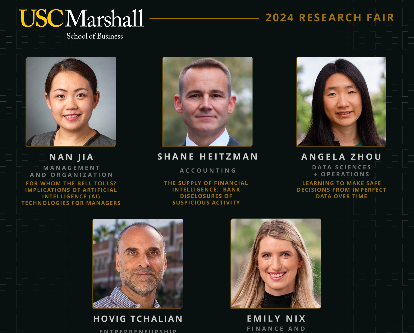 2024 USC Marshall School of Business Research Fair Speakers from left to right, Nan Jia, Shane Heitman, Angela Zhou (new line) Hovig Tchalian, Emily Nix