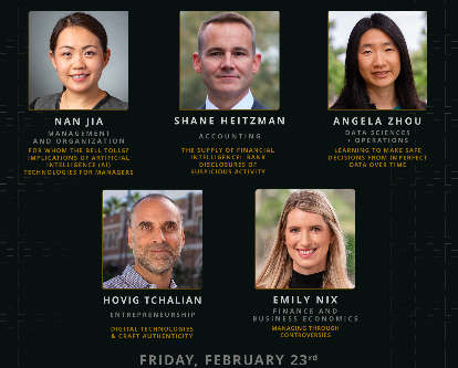 2024 USC Marshall School of Business Research Fair Speakers from left to right, Nan Jia, Shane Heitman, Angela Zhou (new line) Hovig Tchalian, Emily Nix