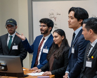 FTMBA students Pranjal Nandi, Nilasis Bhattacharya, Aneri Kapadia, Jerry Xue, and Ben Sagan present at the 2026 Global Case Competition.