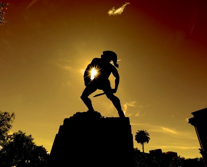 Tommy Trojan at sunset
