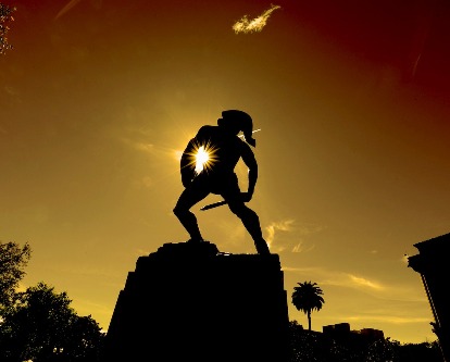 Tommy Trojan statue at sunset